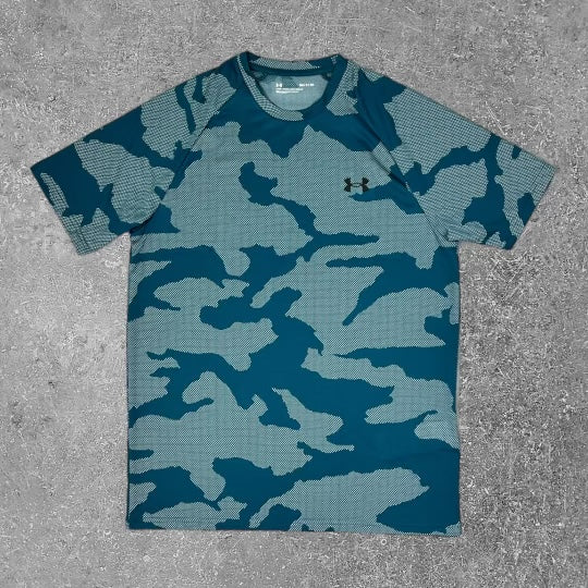 The Under Armour Turquoise Velocity camo T-shirt is an exclusive piece of activewear attire.