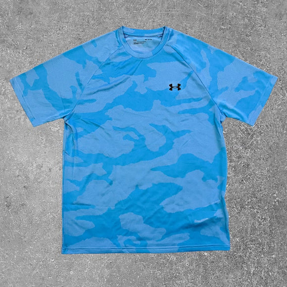 The Under Armour light blue velocity camo T-shirt is an exclusive piece of activewear attire.