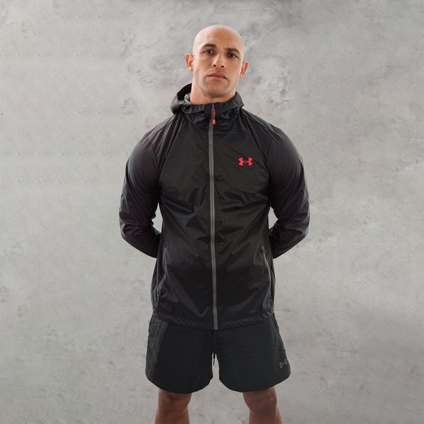 UA rain jacket in black is a high quality coat that is commonly used for running.