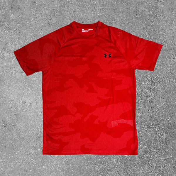 The Under Armour red velocity camo T-shirt is an exclusive piece of activewear attire.