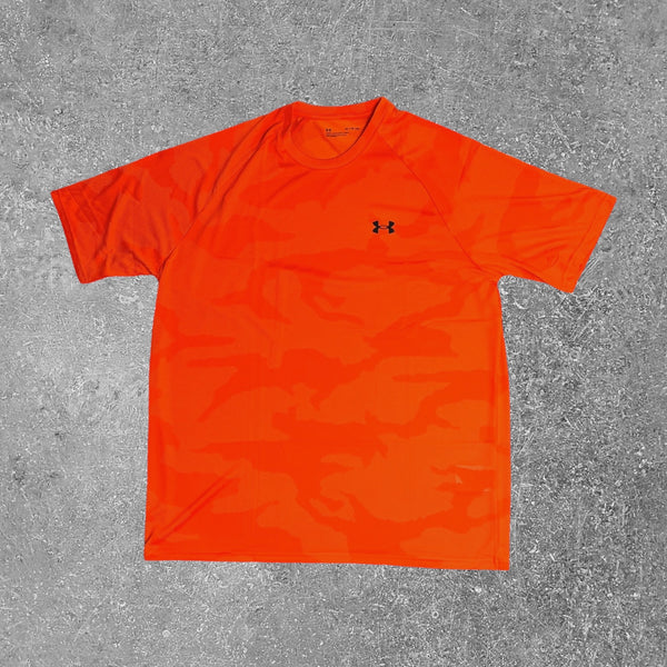 The Under Armour orange velocity camo T-shirt is an exclusive piece of activewear attire.