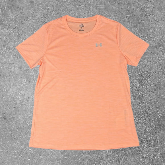 The Under Armour Velocity Twist t-shirt in the peach colourway is versatile and good for running. 